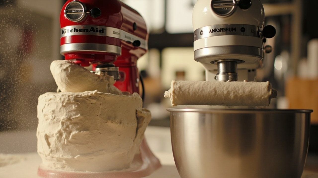 KitchenAid Artisan and Ankarsrum Assistent side by side on a marble kitchen counter with fresh bread loaves and a whisk attachment nearby
