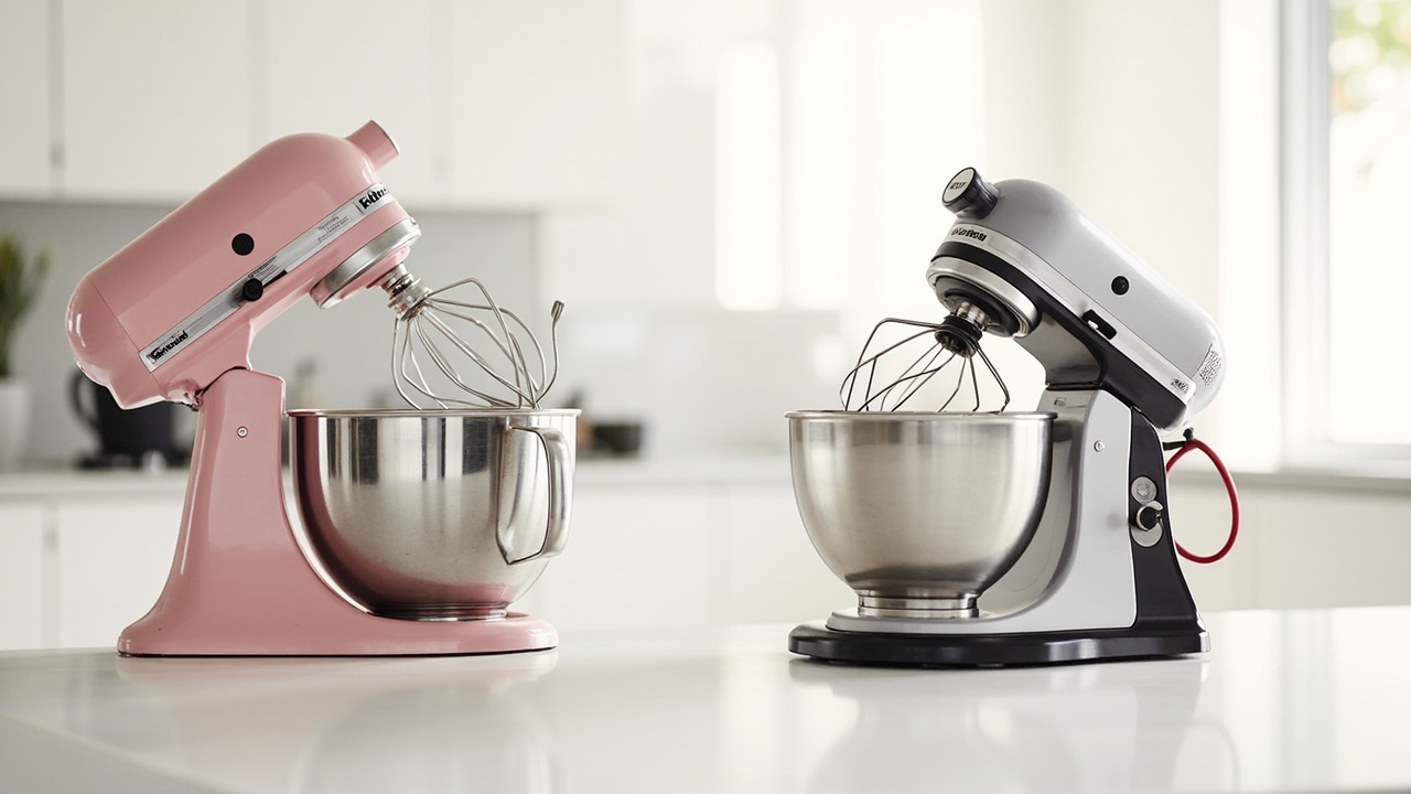 Close-up of two stand mixers with fresh dough being kneaded, showing planetary vs bottom-drive design difference