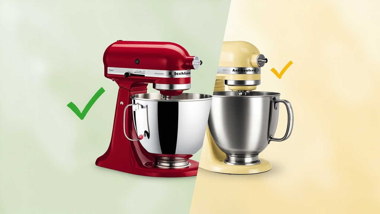 Pros and cons split-screen infographic comparing KitchenAid and Ankarsrum on a wood surface