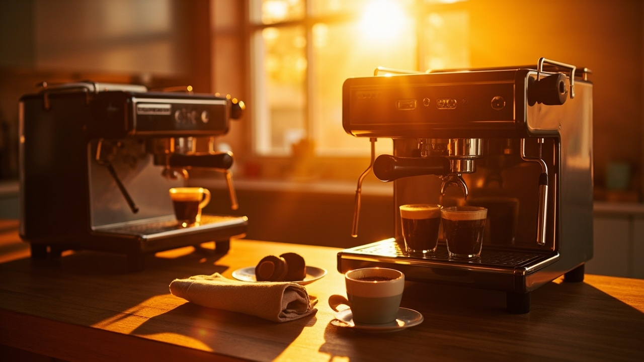 Final comparison still — both machines on the counter at sunset, ready for the next decade of espresso