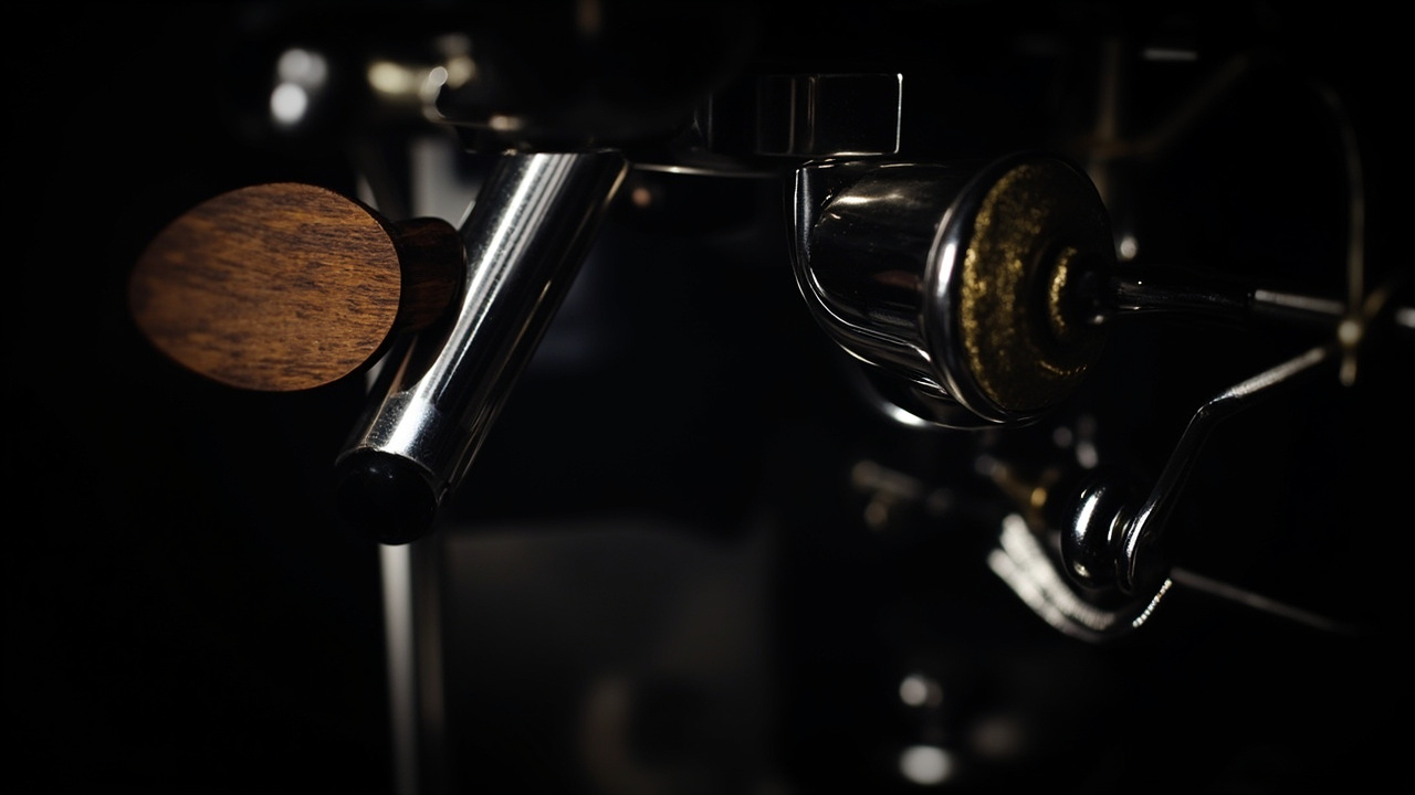 Close-up of wooden flow-control paddle on Bianca V3 next to Profitec Pro 700's industrial chrome portafilter
