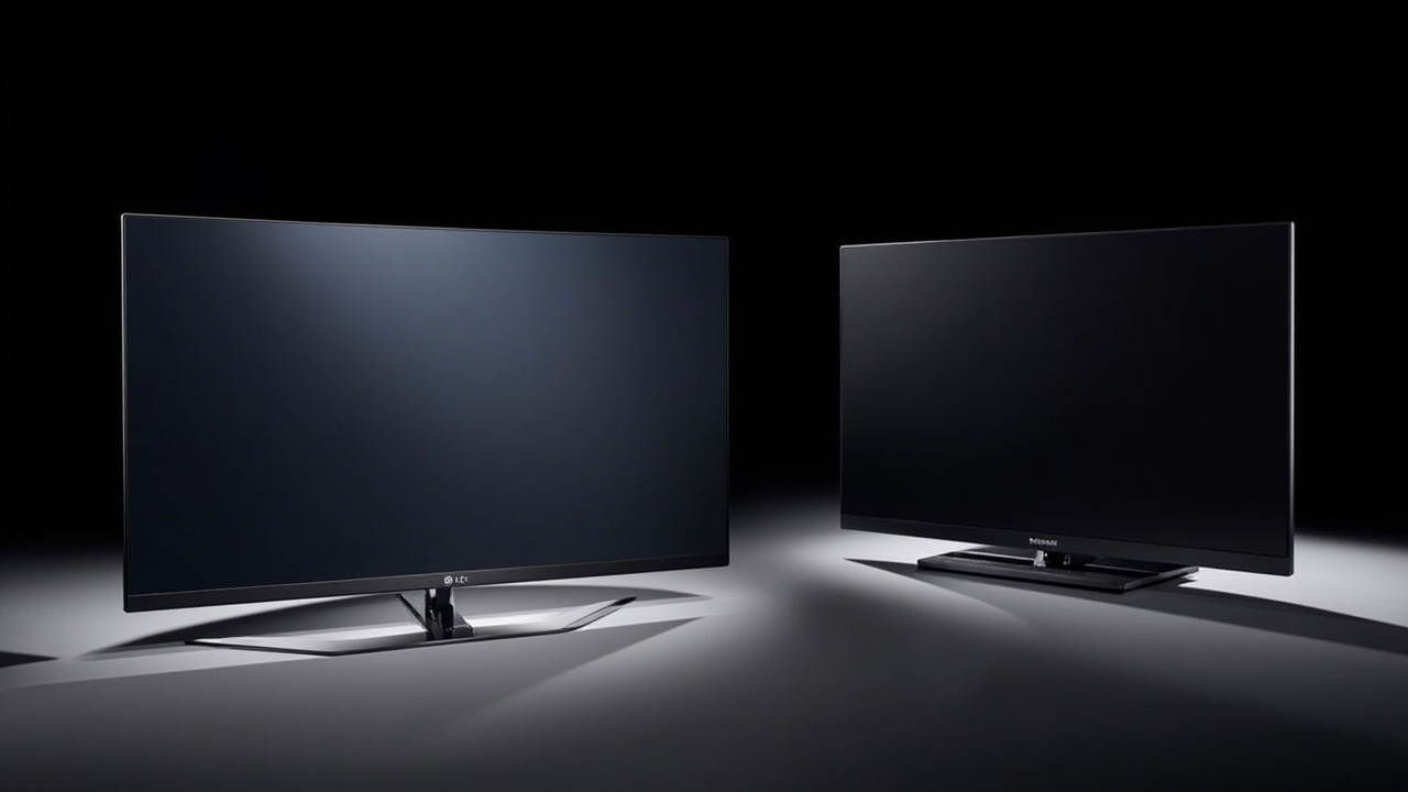 LG C5 OLED and Samsung S95F QD-OLED side by side on a modern media console, one screen displaying a colorful movie scene, the other a dark cinematic frame, soft studio lighting, no text, no logos emphasized