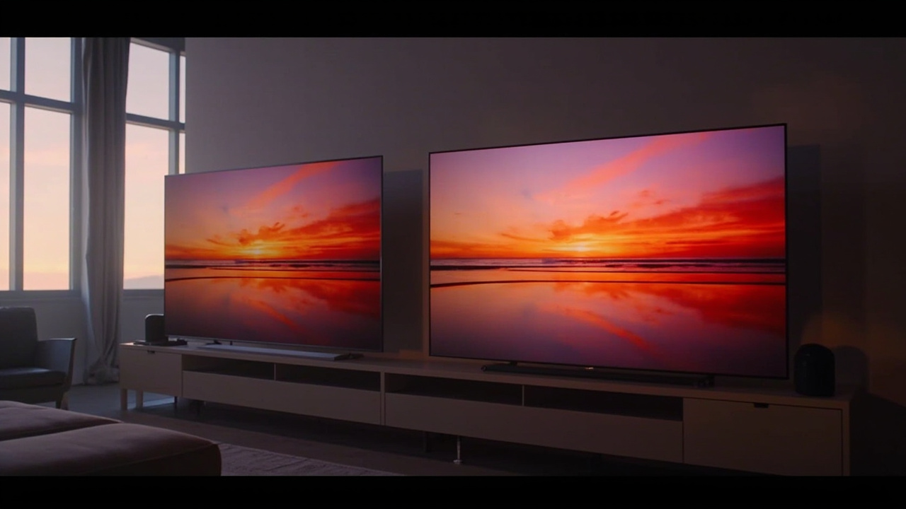 Two flagship 2026 OLED TVs side by side in a softly lit living room — one ultra-thin flush-mount gallery panel on the left and one matte QD-OLED panel on the right, both showing the same vivid HDR sunset scene