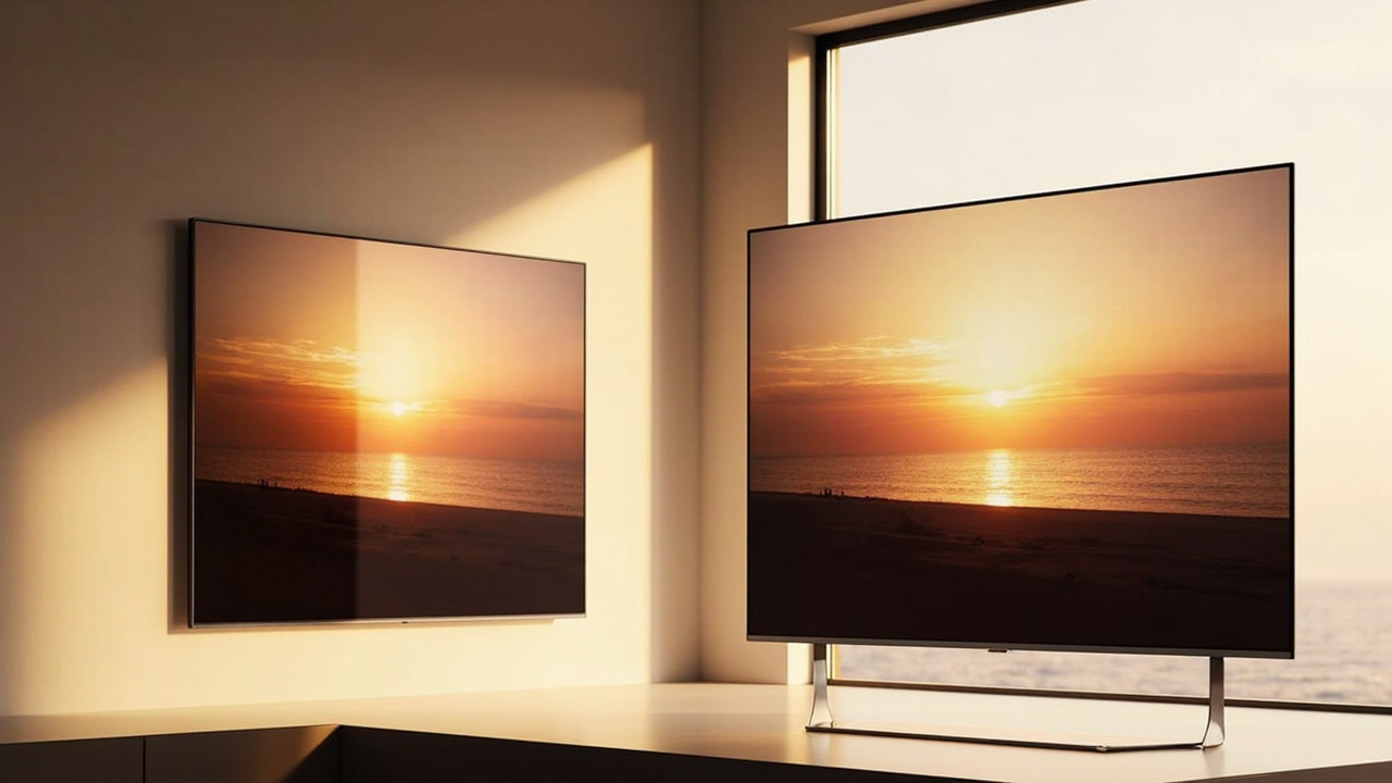 Two flagship 2026 TVs side by side in a softly lit living room — one ultra-thin flush-mount gallery OLED panel on the left and one flush True RGB Mini LED panel on the right, both showing the same vivid HDR sunset scene