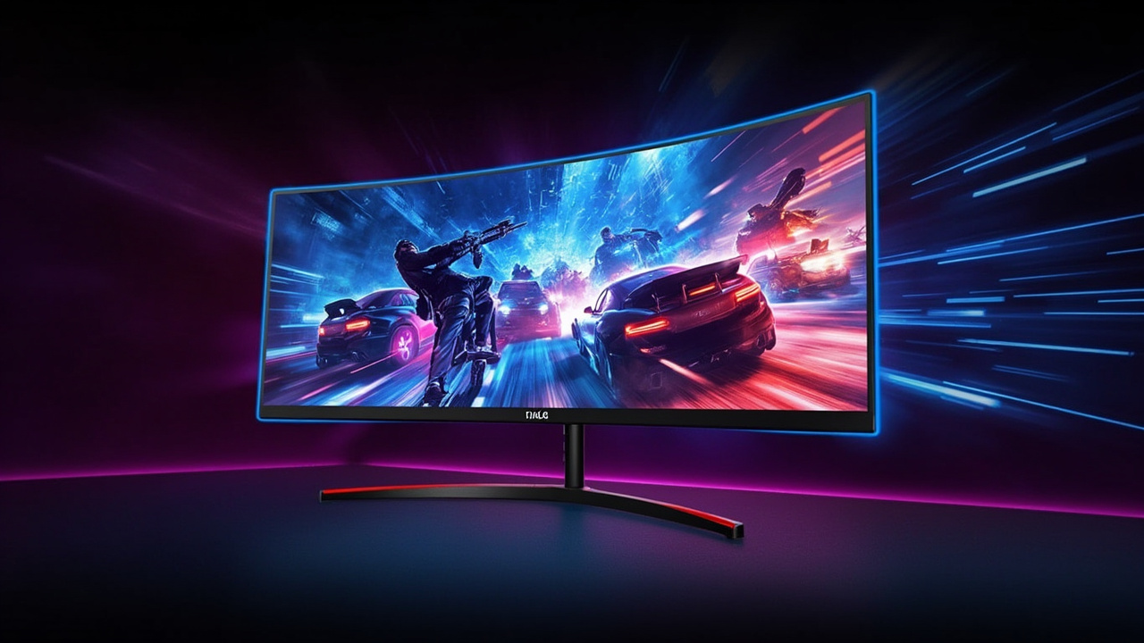 Three OLED gaming monitors glowing in a darkened room, showing HDR contrast