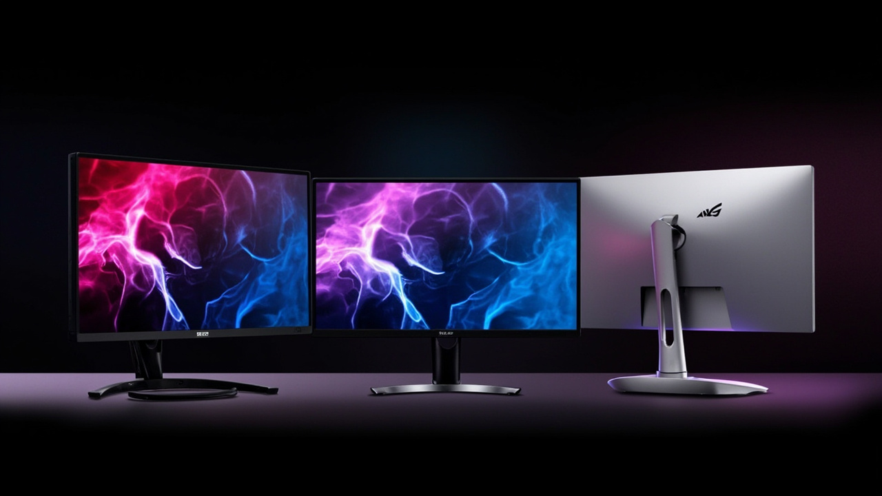 Three 32-inch OLED gaming monitors arranged side by side on a desk, flat and curved panels visible