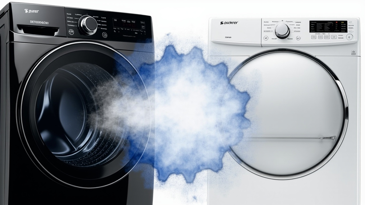 Split-screen comparison: left side highlights the LG's compact 39-inch height fitting under a low laundry shelf, right side highlights the Samsung's 98-minute Super Speed cycle running on its large LCD panel
