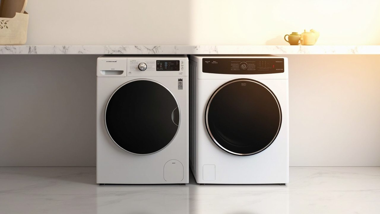 LG WashCombo WM6998HBA on the left and Samsung Bespoke AI Laundry Combo WD53DBA900HZ on the right, both ventless front-loaders in a modern laundry room