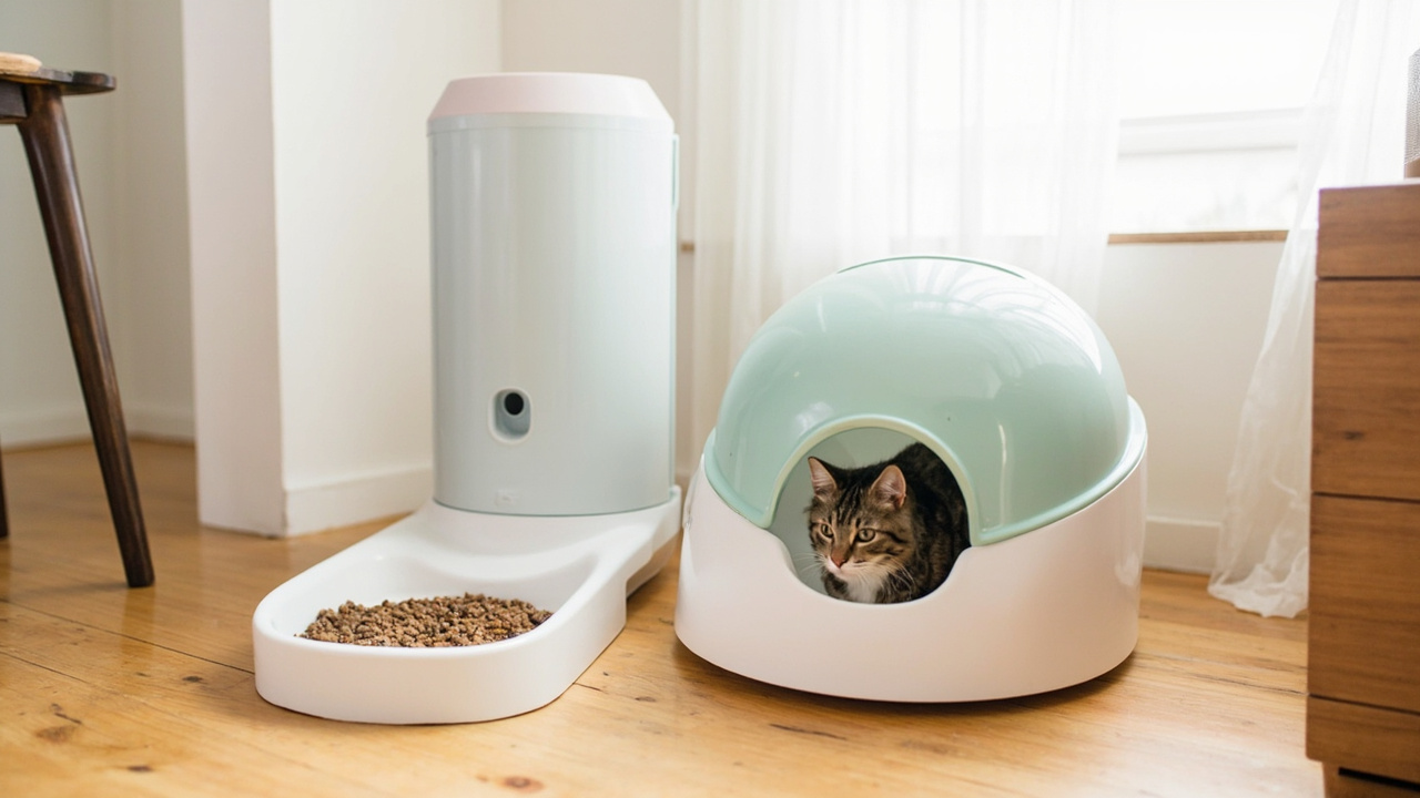 Litter-Robot 4 sphere-style litter box on the left and PetSnowy SN601+ open-top tray on the right, side-by-side on a hardwood floor