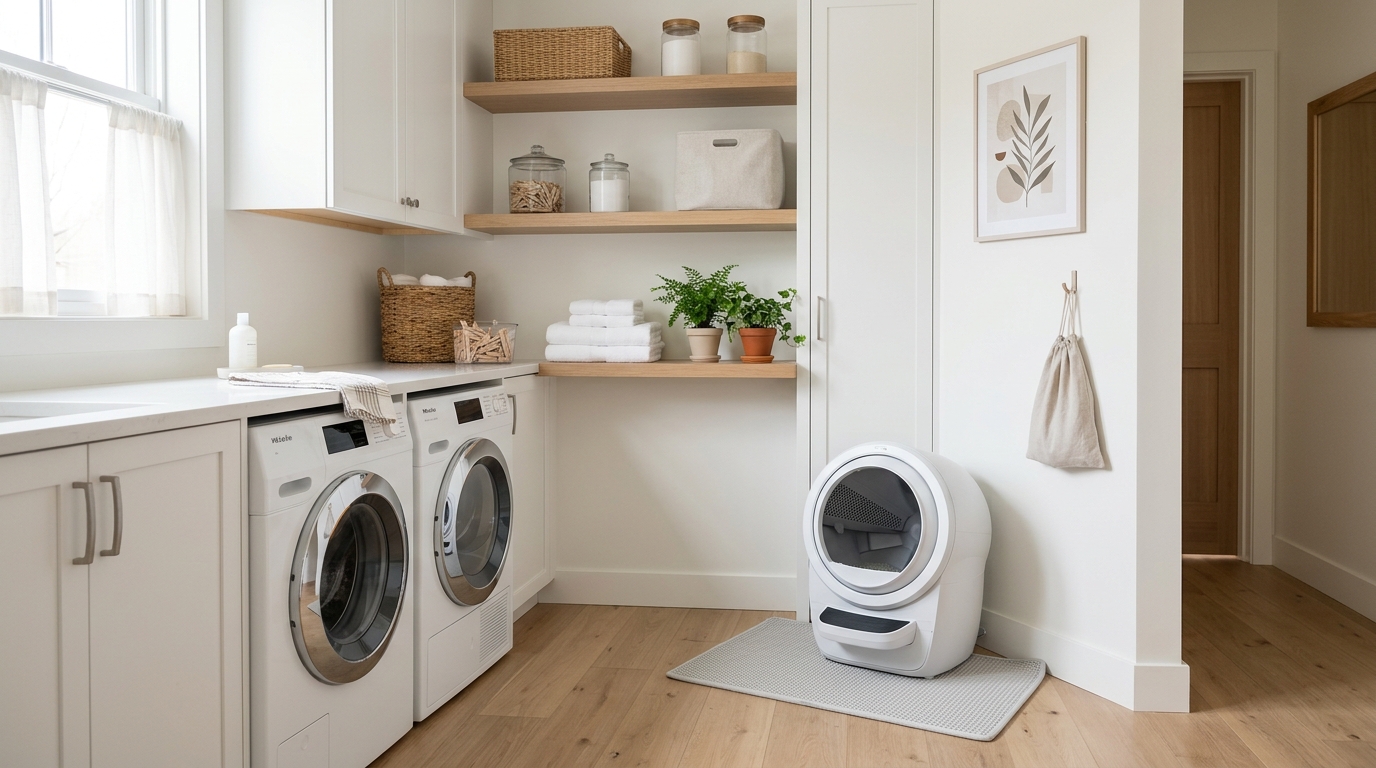 Lifestyle scene of a multi-cat household with a self-cleaning litter box in a laundry-room alcove