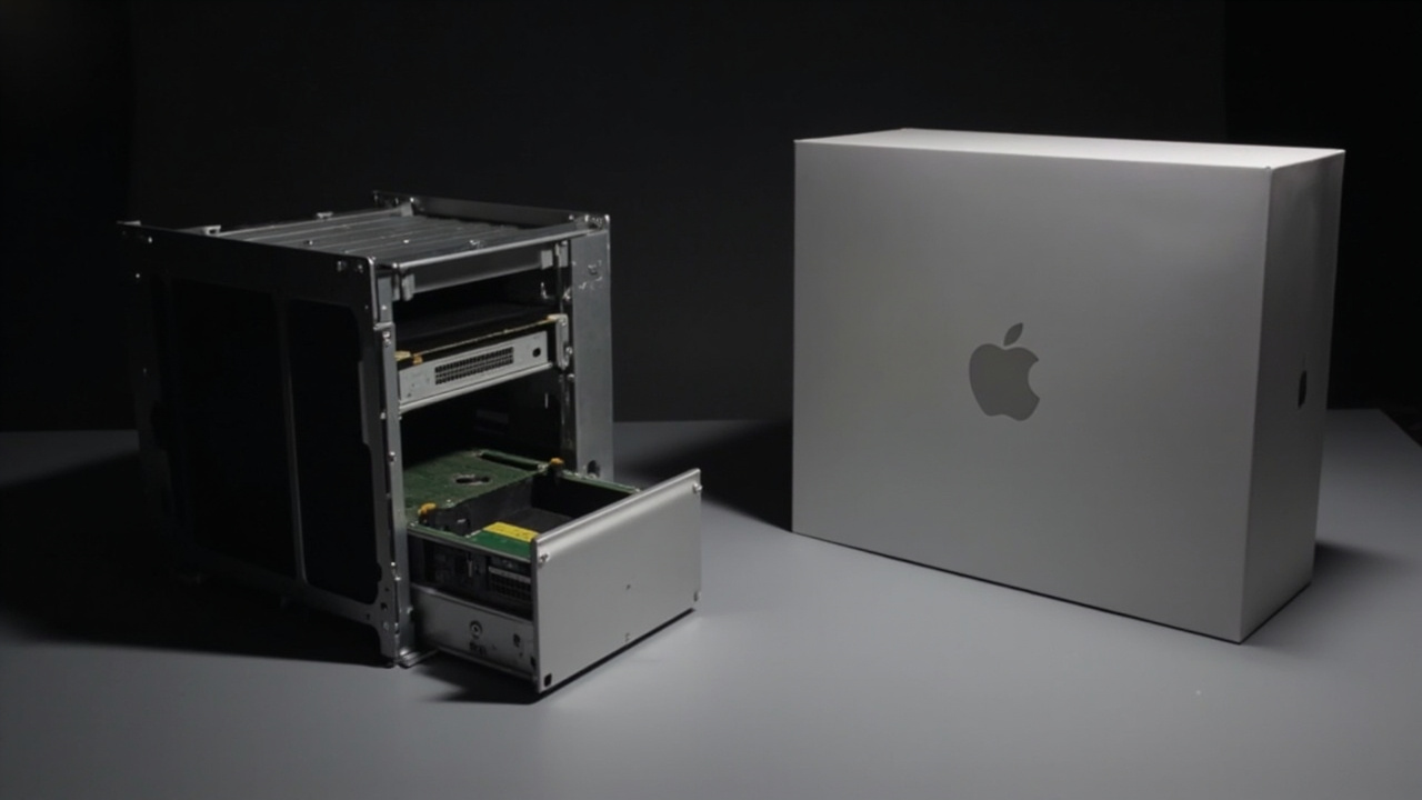 Mac Pro open side panel showing PCIe slots vs Mac Studio closed compact form factor