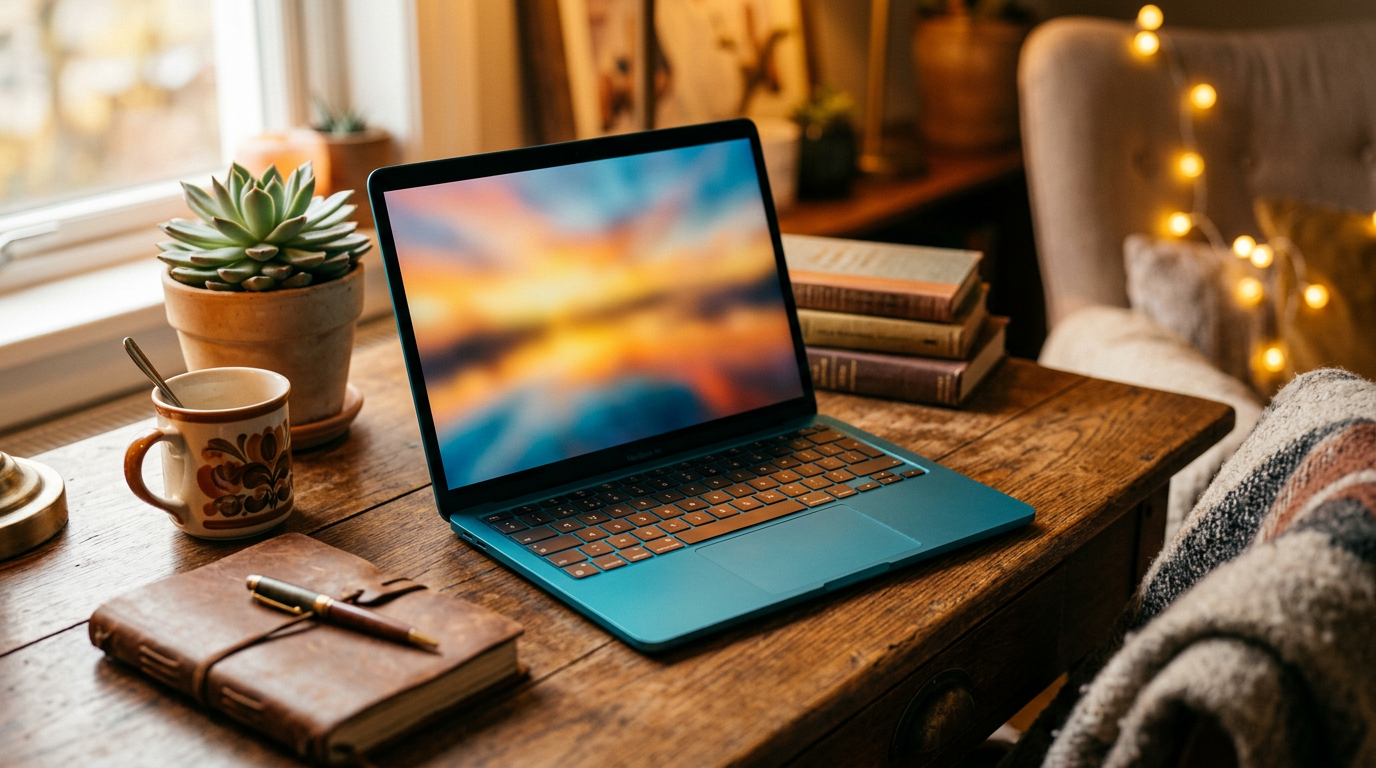MacBook Neo on the left in Citrus color and Surface Laptop 13-inch on the right in Platinum, both half-open on a wood desk next to a coffee mug, photographed at slight overhead angle with warm window light