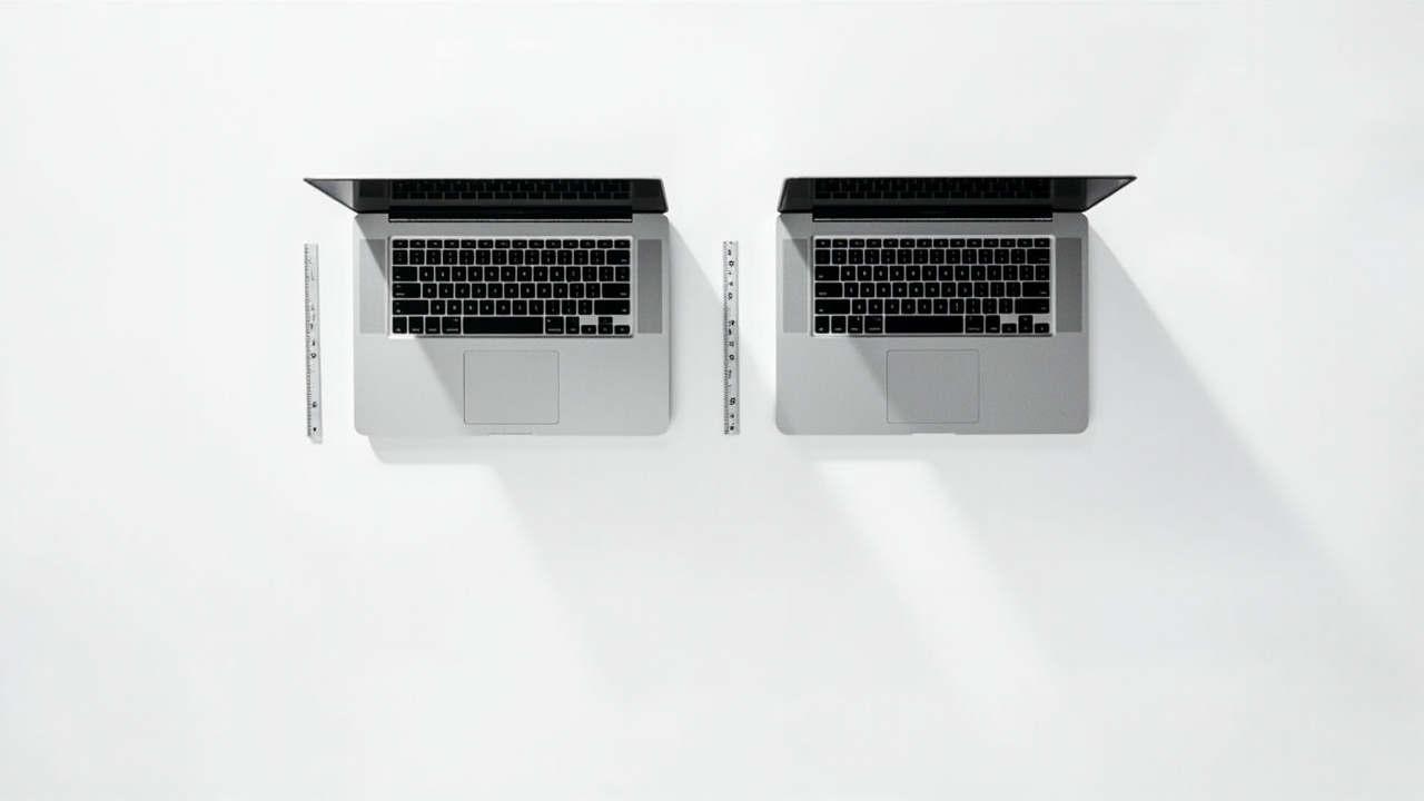 Side-by-side size comparison of 14-inch and 16-inch MacBook Pro showing footprint and screen area difference