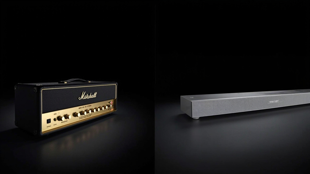 Marshall Heston 120 vs Bose Smart Ultra Soundbar side by side on a media console