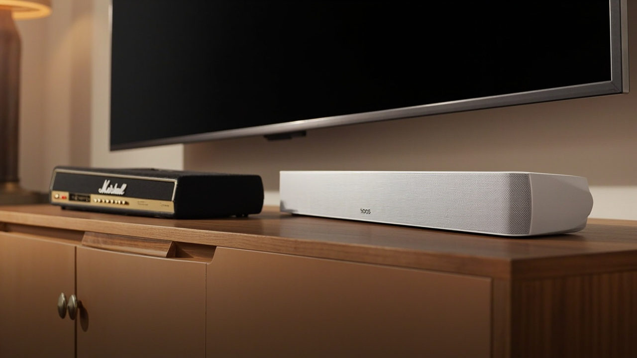 Marshall Heston 120 vs Sonos Arc Ultra placed side by side on a media console