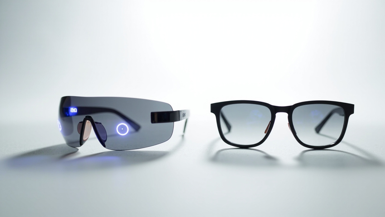 Build comparison: Meta Ray-Ban Display on left (heavier, single lens HUD), Rokid Glasses on right (lighter, dual lens HUD), no text labels