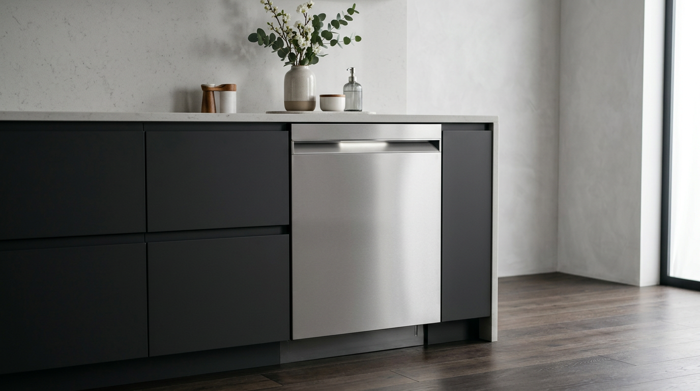 Miele W1 and Bosch 800 Series front-load washer and heat-pump dryer pairs side by side in a clean modern laundry room, soft daylight, no people, no text