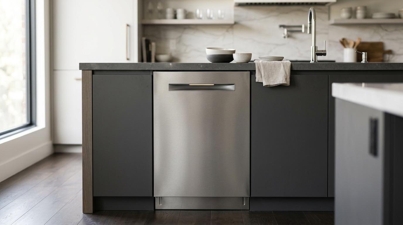 Washer and dryer feature comparison split-screen: Miele W1 with TwinDos cartridges and honeycomb drum on the left, Bosch 800 with i-DOS tanks and self-cleaning condenser on the right, soft product photography, no text