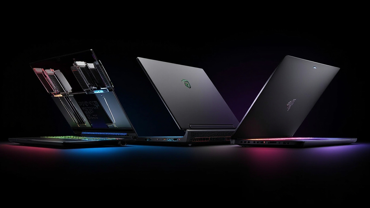 Three laptops opened at 120 degrees, side by side, showing keyboard and chassis thickness differences