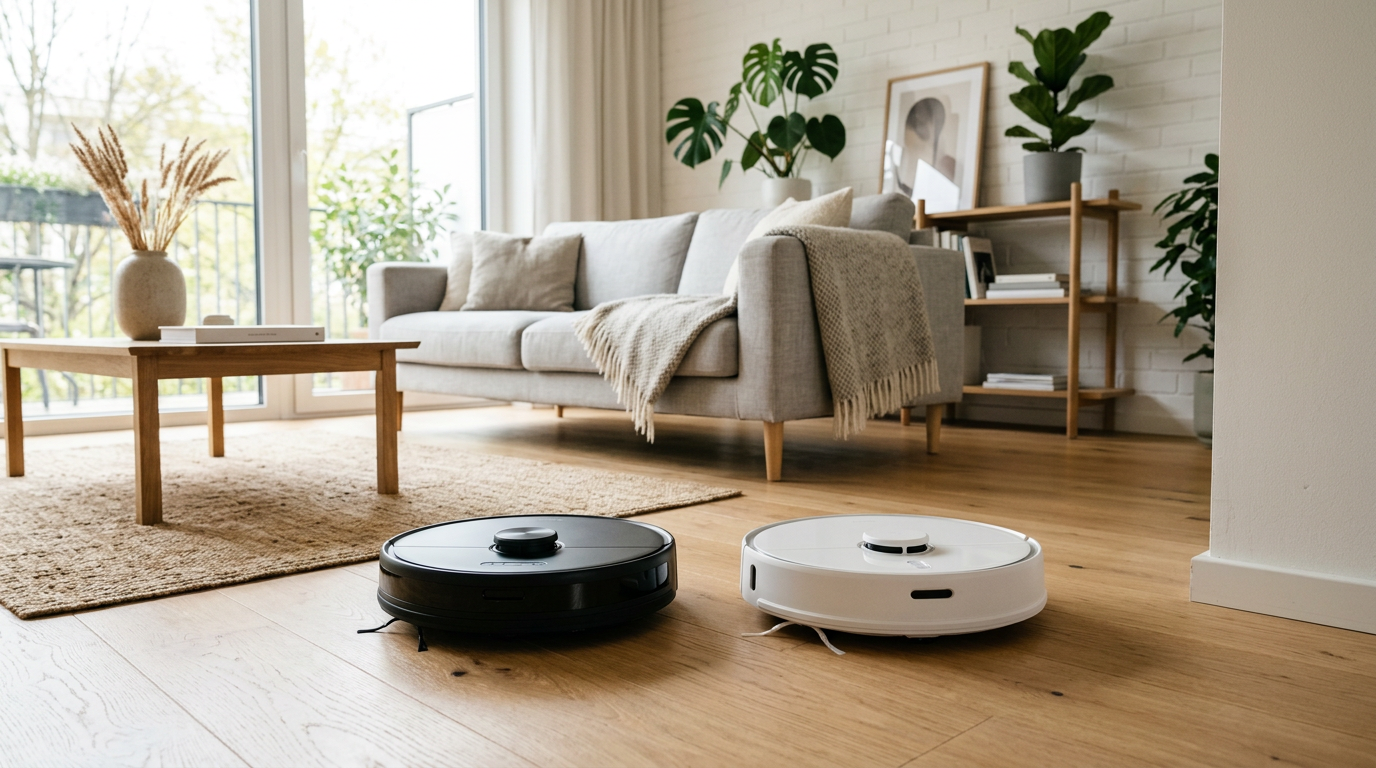 Narwal Flow and Dreame X50 Ultra side by side on hardwood floor in a modern apartment