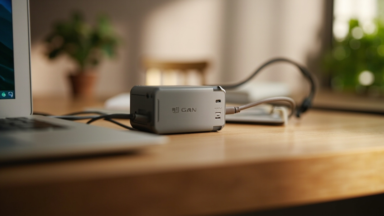 GaN charger plugged into a wall outlet charging a modern laptop