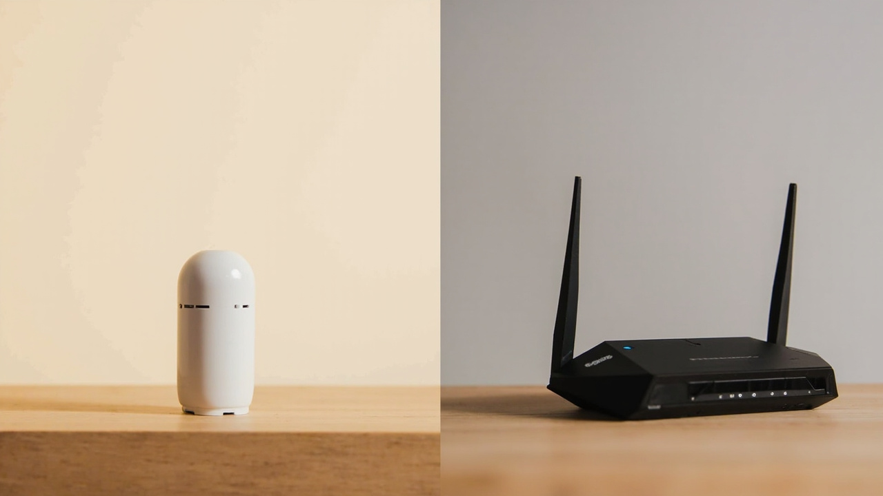 Netgear Orbi 970 3-pack mesh nodes and Asus ROG Rapture GT-BE98 Pro router side by side on a media console