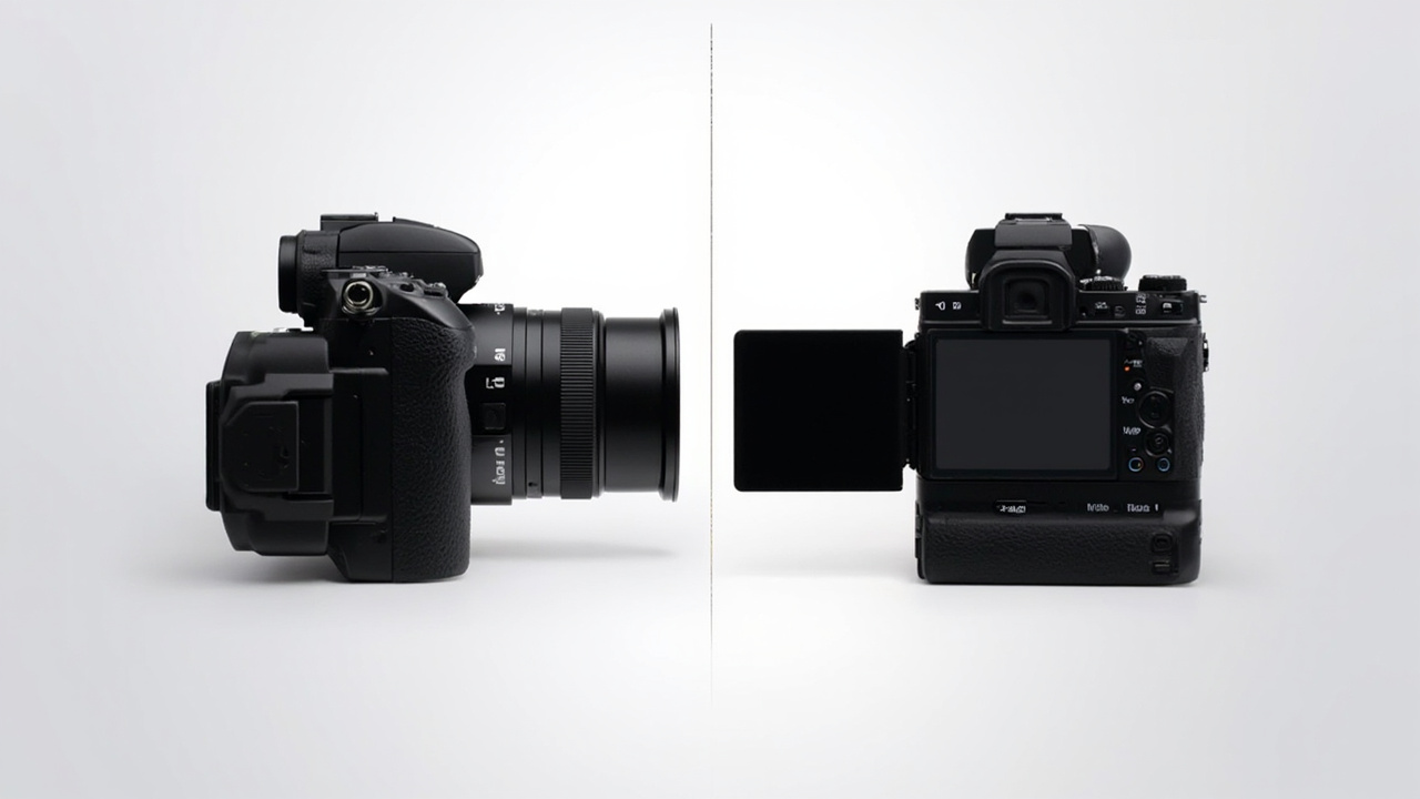 Split-screen verdict visualization: Nikon Z8 on the left with N-RAW and Z-mount callouts, Canon R5 II on the right with 30fps and RF-mount callouts, modern infographic aesthetic with bold typography but no text in the image