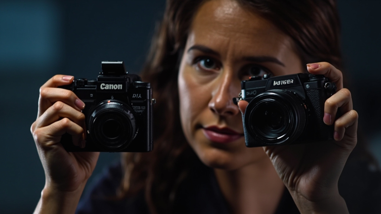 Two flagship cameras side by side on a clean shelf with a 70-200mm f/2.8 lens on each, neutral studio lighting, modern aesthetic, the Z8 slightly in front to indicate "best value buy" — a soft focus lens, no text or numbers in the image