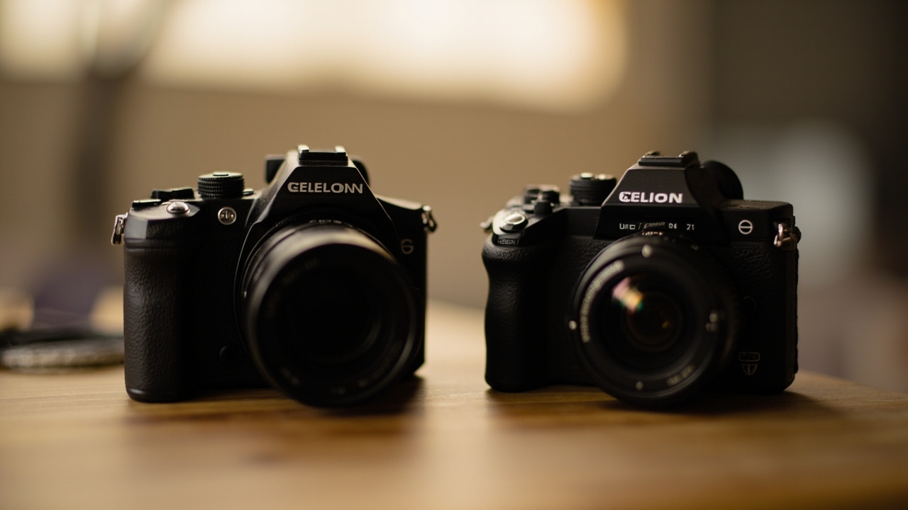 Two flagship full-frame mirrorless bodies — the Nikon Z8 and the Panasonic S1R II — placed side by side on a wooden desk with their box-pulled kit lenses, EVFs glowing in soft daylight