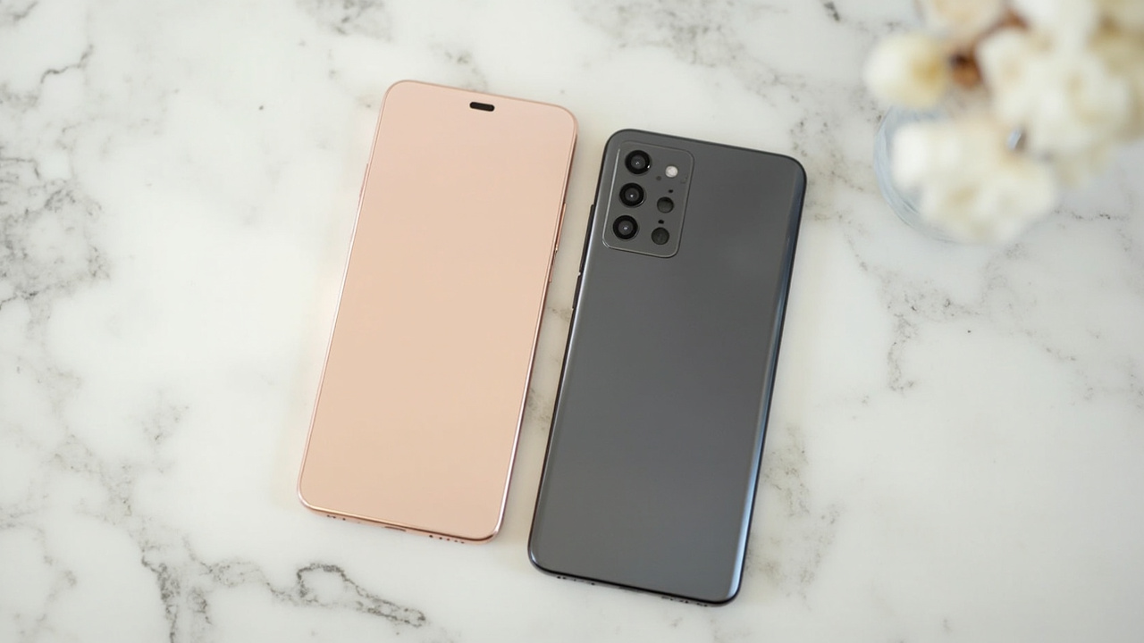 OnePlus 15 in Sand Storm and Vivo X300 Ultra side-by-side on a marble desk, screen-on, soft daylight
