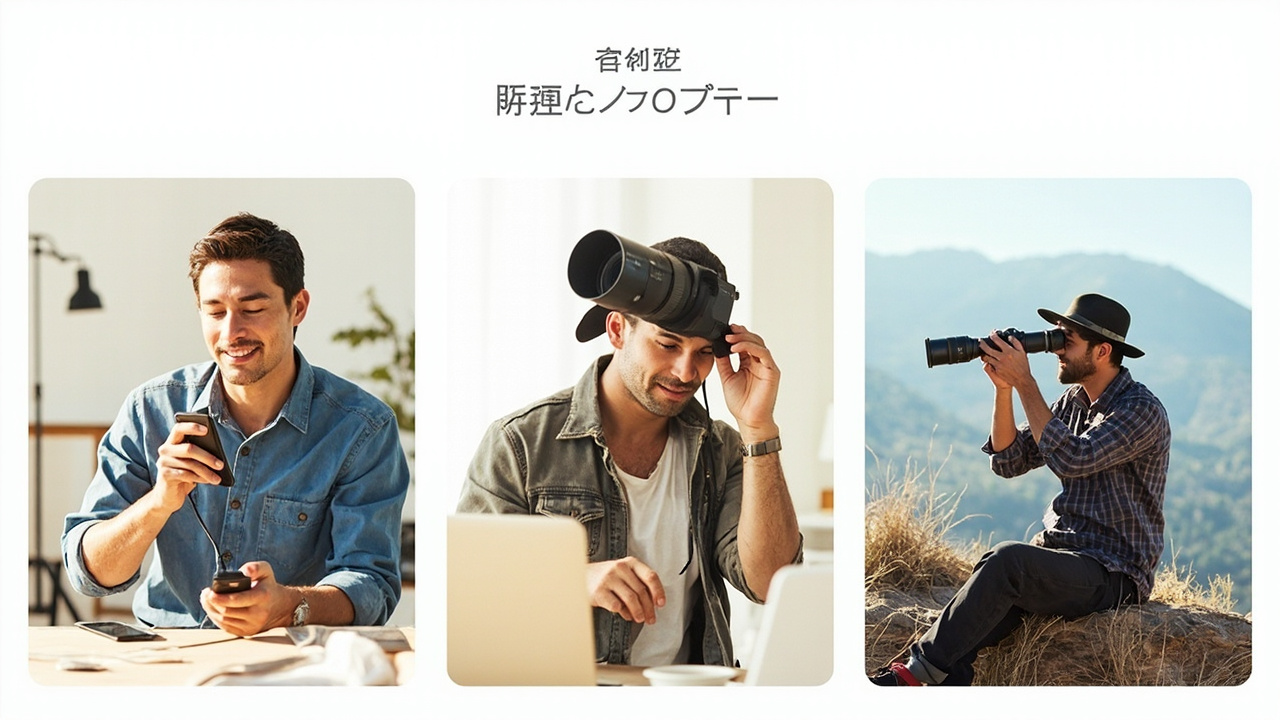 Persona illustration: power user on a fast charge, photography enthusiast with teleconverter lens, traveler with mountain view