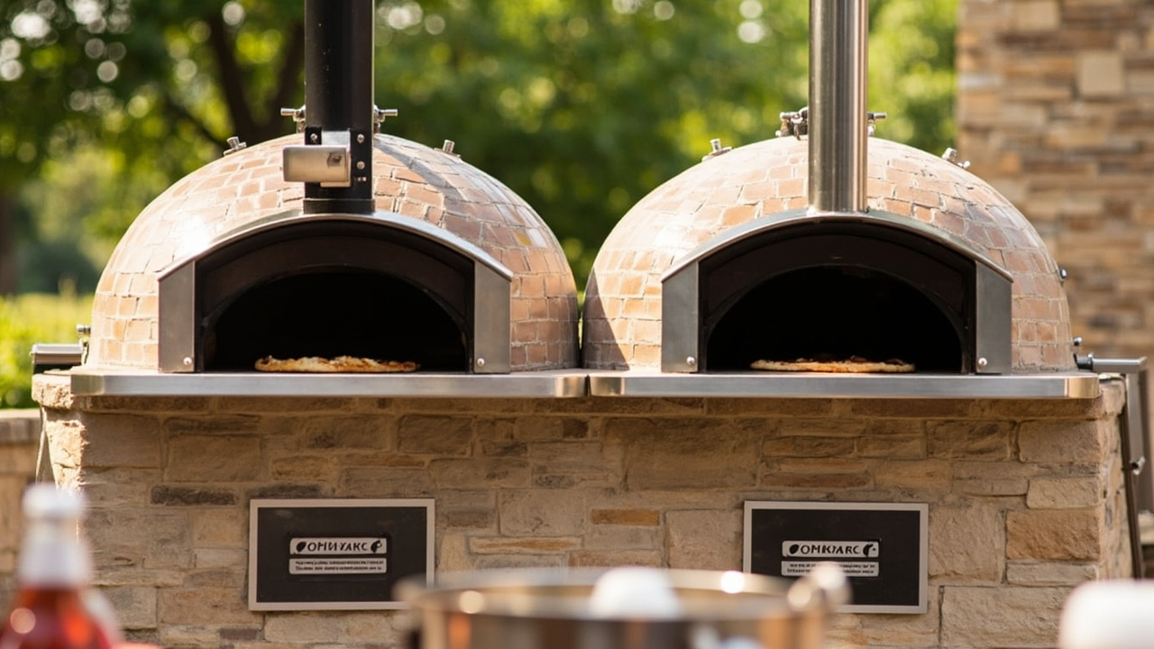 Ooni Karu 2 and Gozney Arc side by side on a backyard patio with their doors open and a 14-inch pizza in each, warm summer afternoon lighting