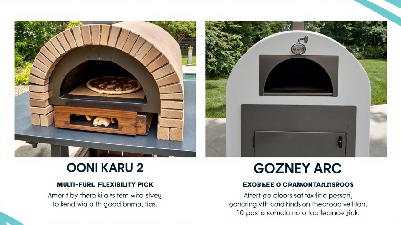 Side-by-side infographic: Ooni Karu 2 on the left as the multi-fuel flexibility pick, Gozney Arc on the right as the propane convenience pick, both at sub-$800 entry price, modern backyard patio aesthetic