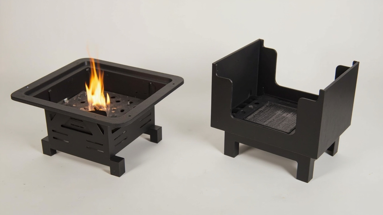 Close-up of the Ooni Karu 2's wood/charcoal burner tray open and the Gozney Arc's lateral flame burner visible inside, side-by-side on a clean studio background