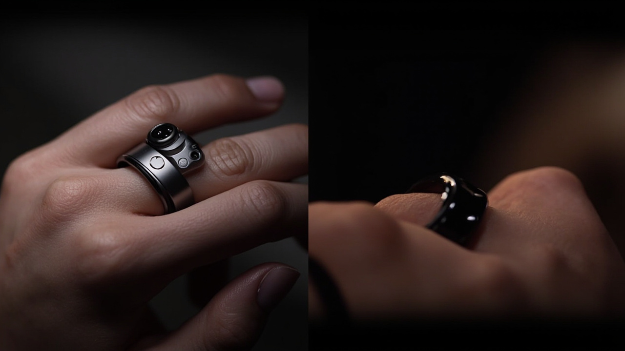 Two titanium smart rings side by side on a warm wood surface, soft window light, one slightly larger than the other
