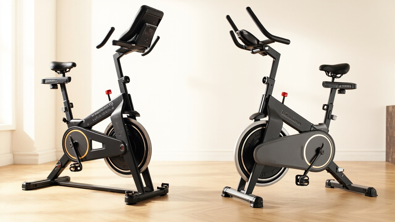 Peloton Bike+ studio bike in a bright home gym next to an Echelon EX-8s with a 24-inch screen, side-by-side comparison layout