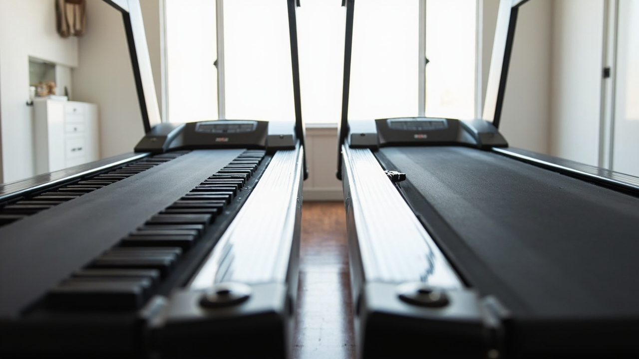 Peloton Tread+ slat belt and NordicTrack Commercial 2450 cushioned deck shown side by side in a bright home gym