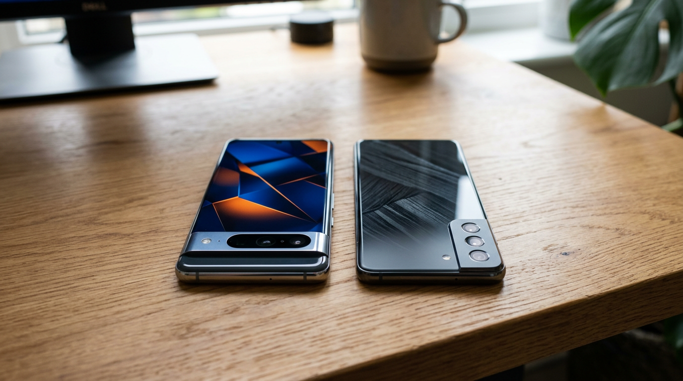 Pixel 10 Pro and iPhone 17 Pro side by side on a desk, screen-on comparison shot
