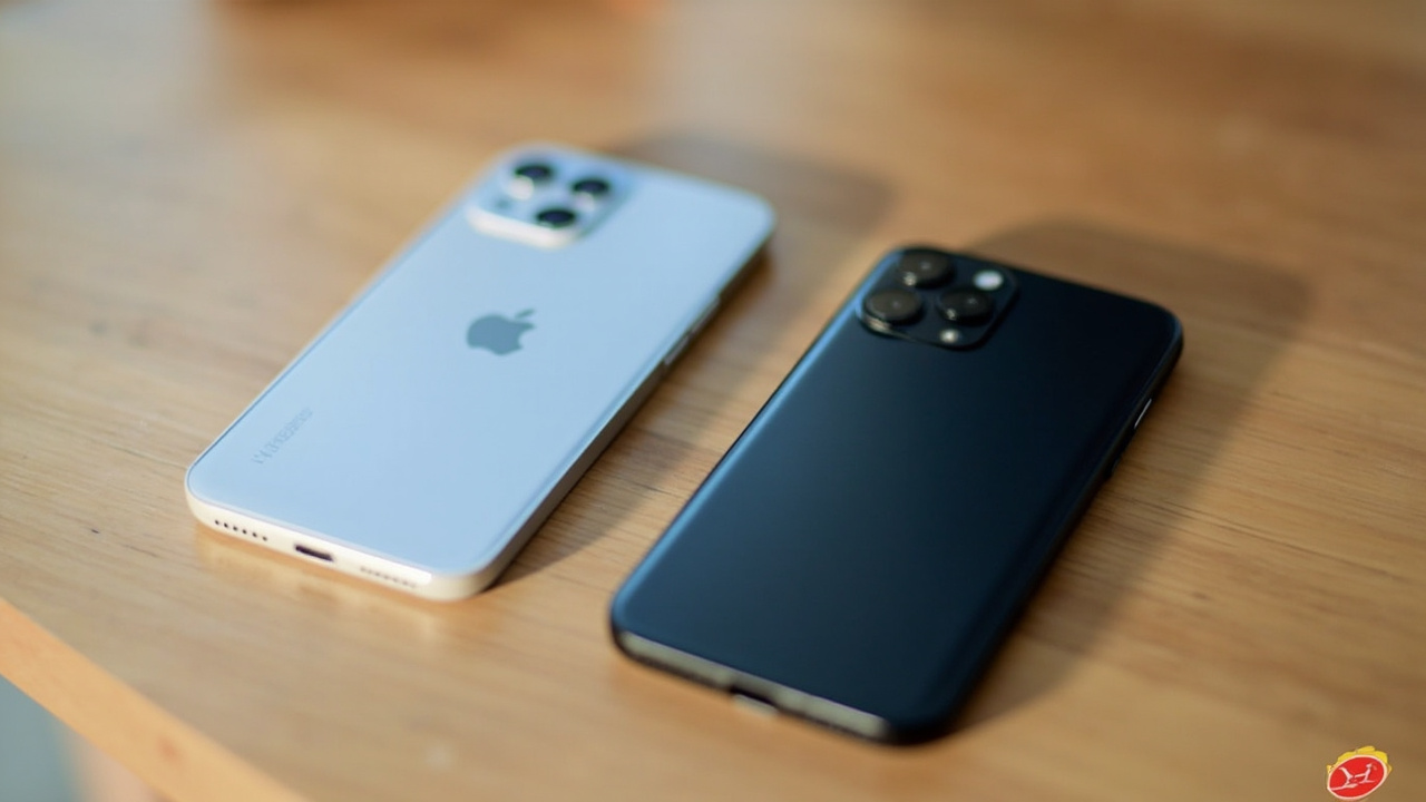 Pixel 10 Pro and iPhone 17 Pro on a wooden table, slightly angled to show camera modules