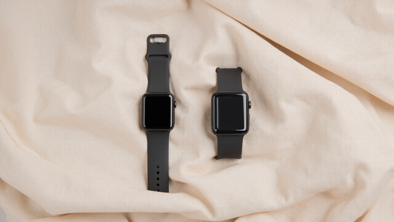 Two smartwatches on fabric, one slightly larger than the other, showing the size and weight contrast, minimalist studio lighting, no text