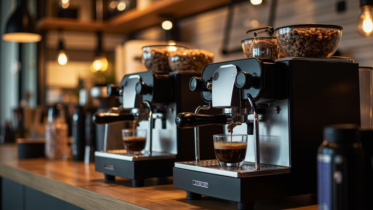 Both machines side-by-side at sunset, with a single espresso shot pulled, representing the long-term value of the right prosumer choice