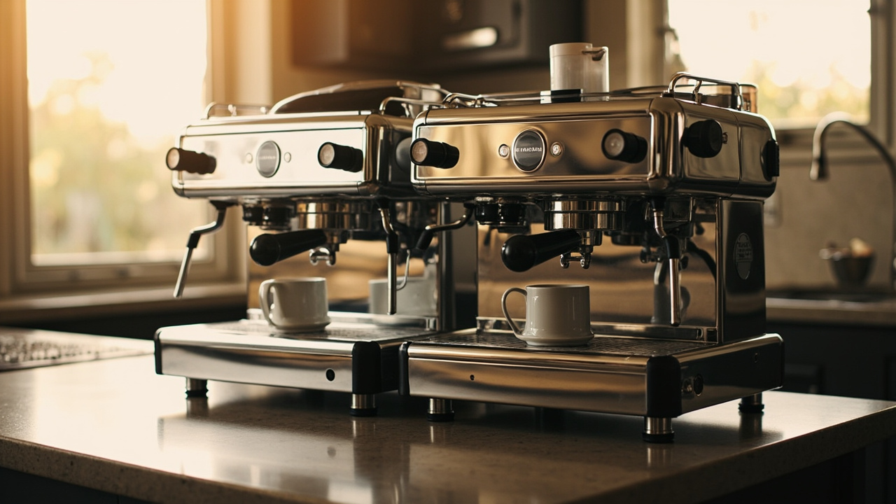 Profitec GO and Rancilio Silvia V6 side by side on a kitchen counter, both freshly polished stainless steel single-boiler espresso machines with 58mm portafilters