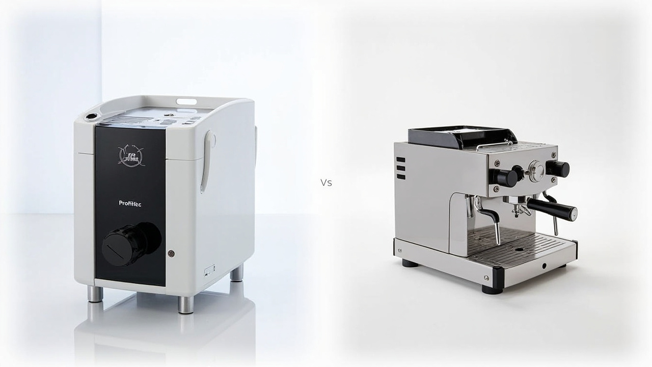 Comparison verdict graphic — Profitec GO on the left (modern, digital PID display) and Rancilio Silvia V6 on the right (classic rocker switches, Italian flag detail)