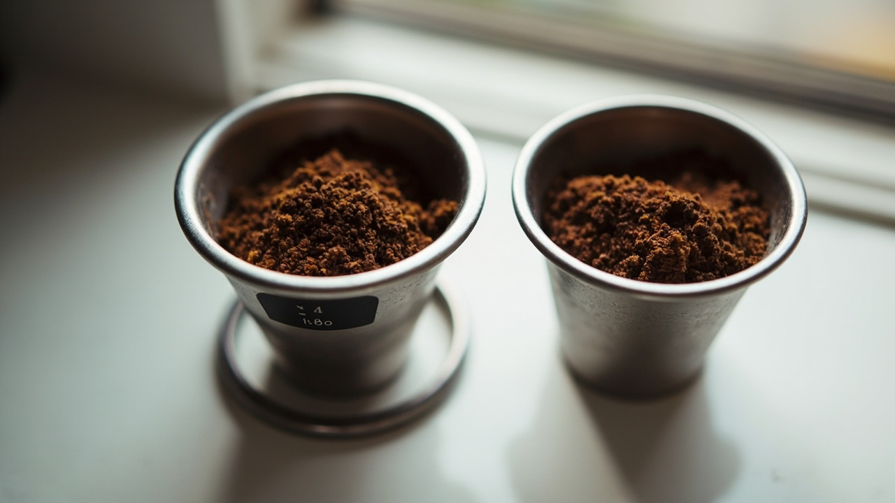 Portafilter close-up comparison — Profitec GO 58mm portafilter with PID temperature readout on left, Rancilio Silvia V6 portafilter with brushed steel finish on right, both filled with fresh grounds