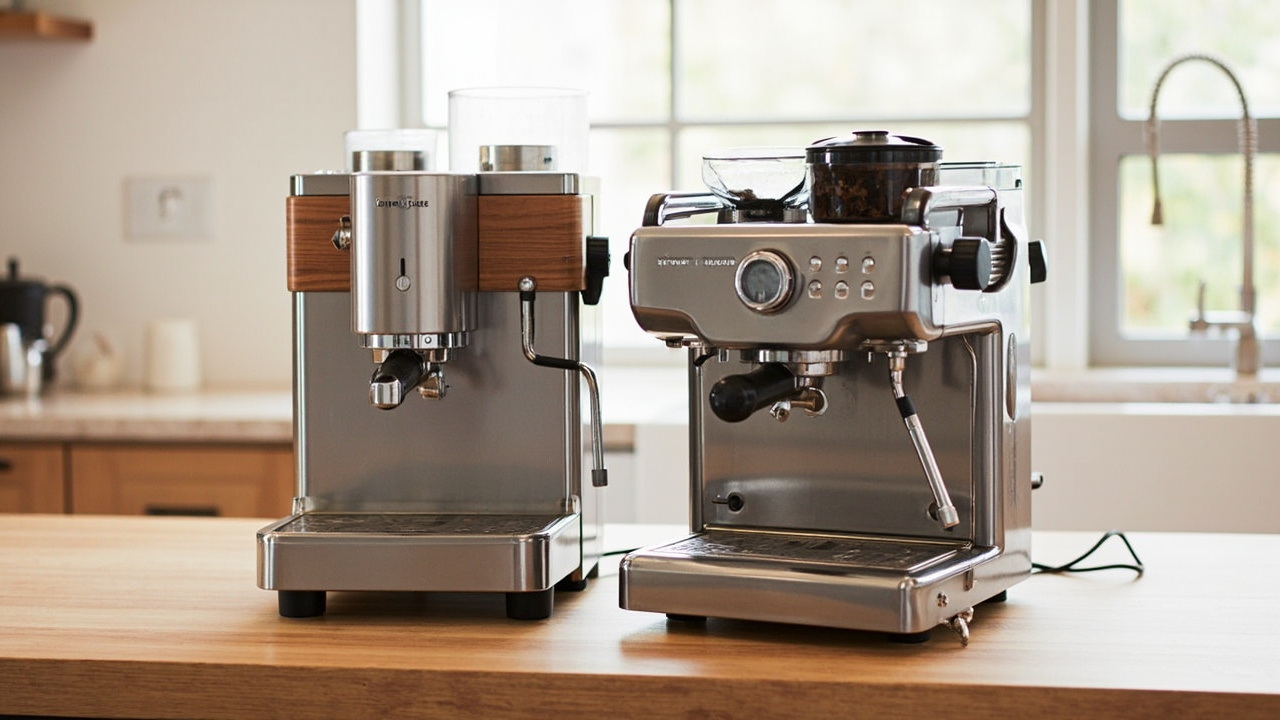 Profitec Pro 600 and ECM Synchronika side by side on a kitchen counter, both dual boiler E61 machines