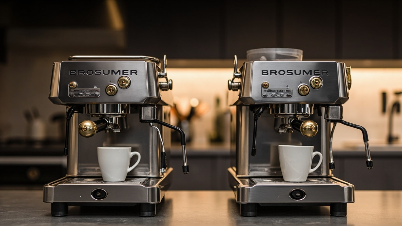 Profitec Pro 700 and ECM Synchronika II dual boiler espresso machines placed side by side on a kitchen counter