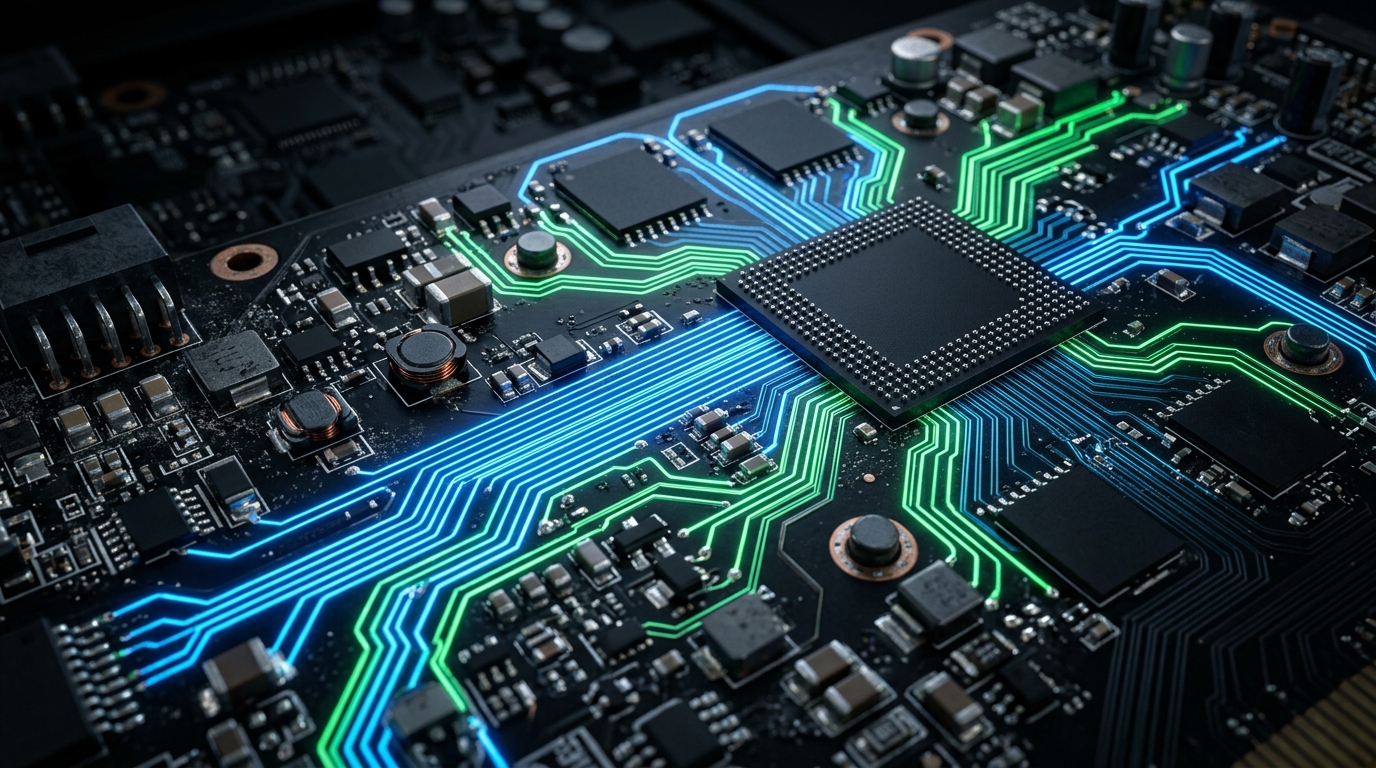 Close-up of a graphics circuit board with glowing traces, representing GPU power