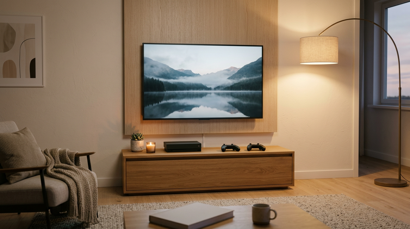 A modern living room setup with a TV, two game controllers, and a console on the media stand