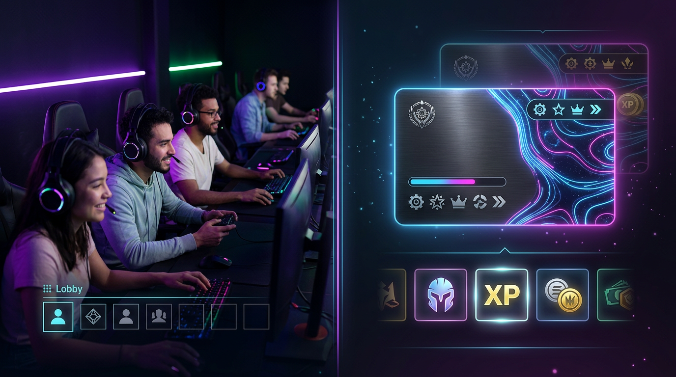 Online multiplayer lobby and a subscription card side by side, representing community vs service value