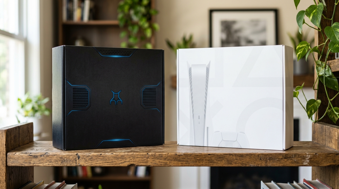PS5 Pro and Xbox Series X retail boxes side by side on a wooden shelf